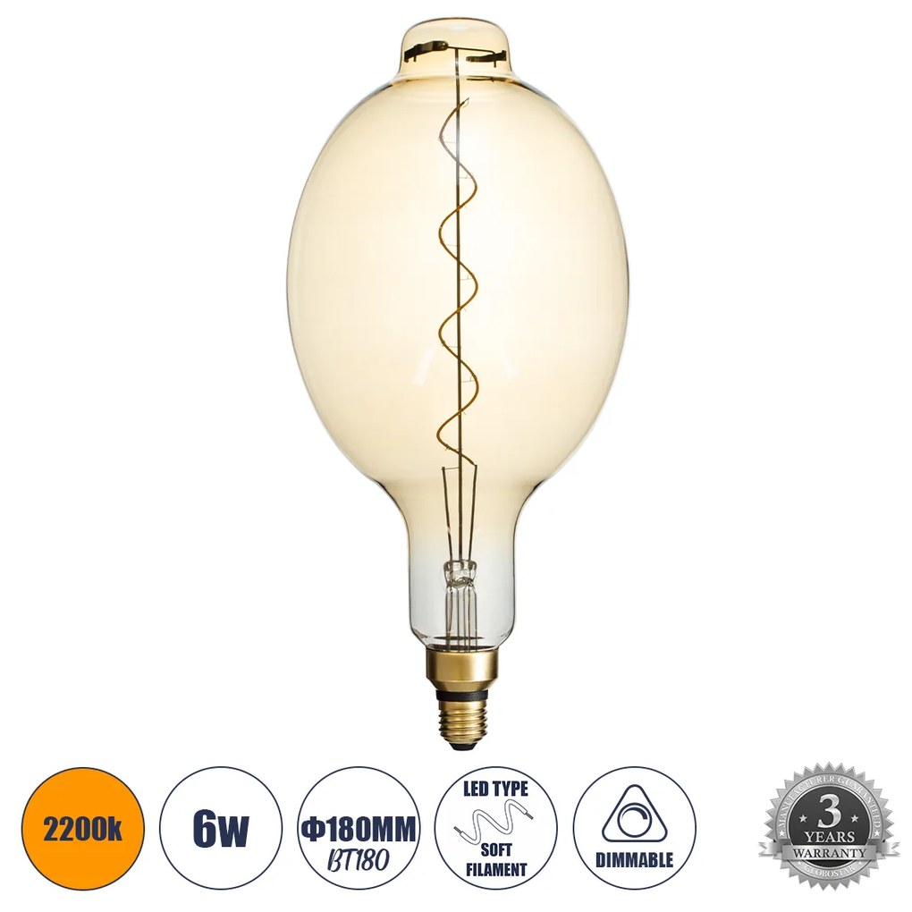 GloboStar® 99170 Λάμπα LED Soft S Spiral Filament E27 BT180 MANGOS Γλόμπος 6W 420lm 360° AC 220-240V IP20 Φ18 x Υ39cm Ultra Θερμό Λευκό 2200K με Μελί Γυαλί - Dimmable - 3 Years Warranty