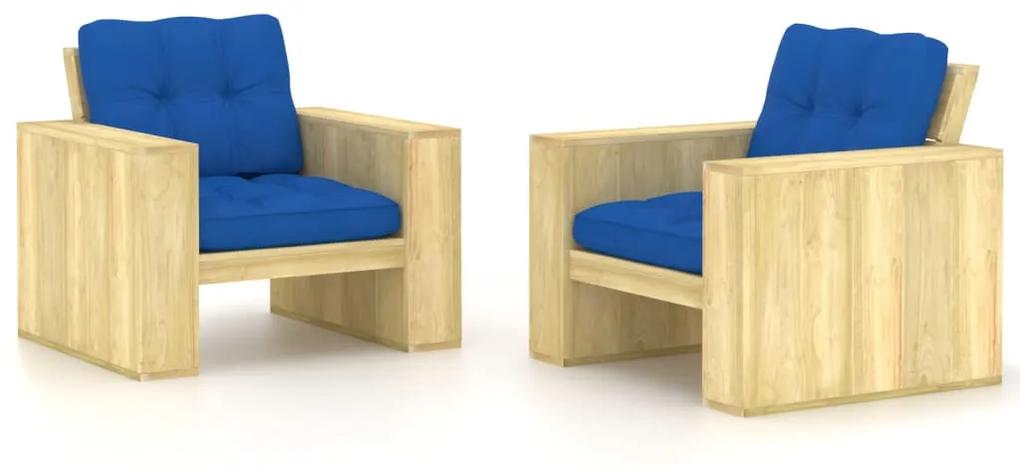 vidaXL Καρέκλες Κήπου 2 τεμ. Εμποτ. Ξύλο Πεύκου & Μπλε Ρουά Μαξιλάρια