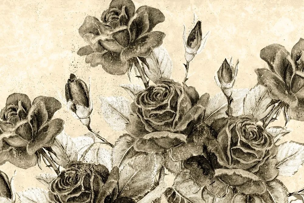 Εικόνα vintage μπουκέτο με τριαντάφυλλα σε σχέδιο σέπια - 90x60