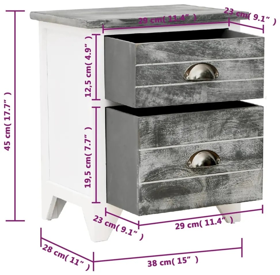 vidaXL Κομοδίνο Γκρι και Λευκό 38 x 28 x 45 εκ. από Ξύλο Παυλώνιας