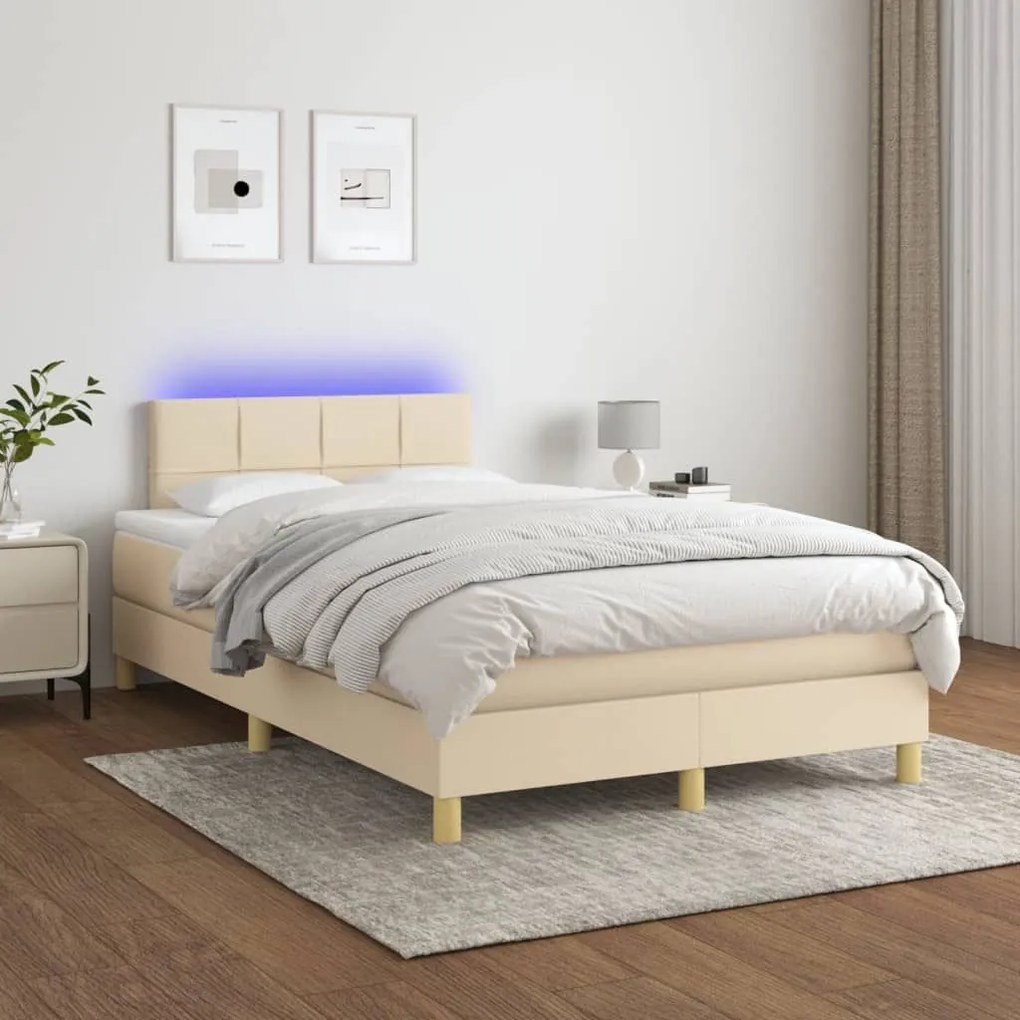 Κρεβάτι Boxspring με Στρώμα &amp; LED Κρεμ 120x200 εκ. Υφασμάτινο - Κρεμ