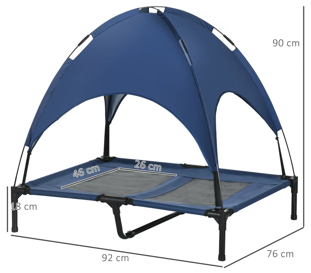 PawHut Κρεβάτι Σκύλου με Τέντα, Εξωτερικού Χώρου, Αναδιπλούμενο, Υπερυψωμένο, Μπλε + Μαύρο
