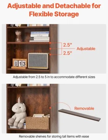 VEVOR 5 Tiers Narrow Bookshelf 53&quot; Wooden Open Bookcase Adjustable Shelf Brown