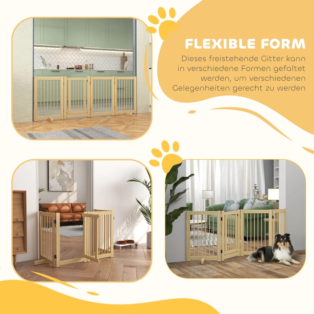 PawHut Ανεξάρτητο Πάνελ Σκύλου, 4 πάνελ, ευέλικτο, ξύλο πεύκου, 204L x 36W x 75H cm, Φυσικό ξύλο