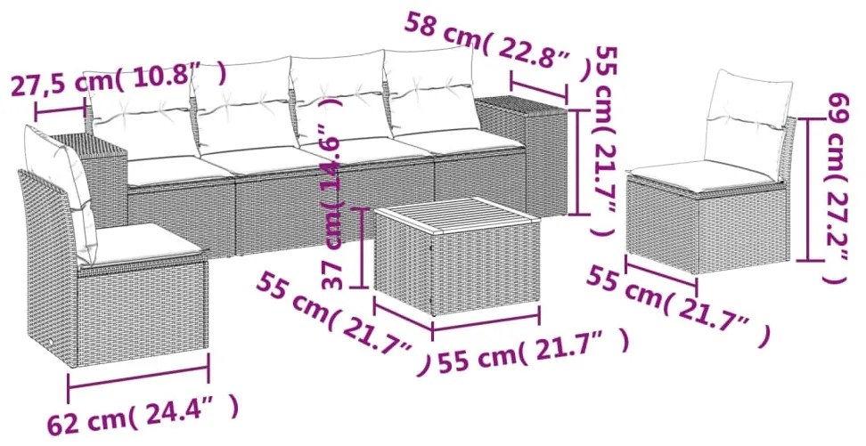 vidaXL Σετ Σαλονιού Κήπου 7 τεμ. Γκρι Συνθετικό Ρατάν με Μαξιλάρια