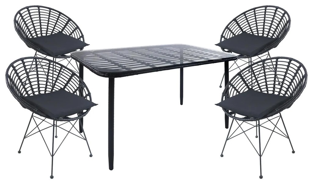 Σετ Τραπεζαρία Κήπου ArteLibre ANNIUS Μαύρο Μέταλλο/Rattan/Γυαλί Με 4 Καρέκλες 14990384-14990384