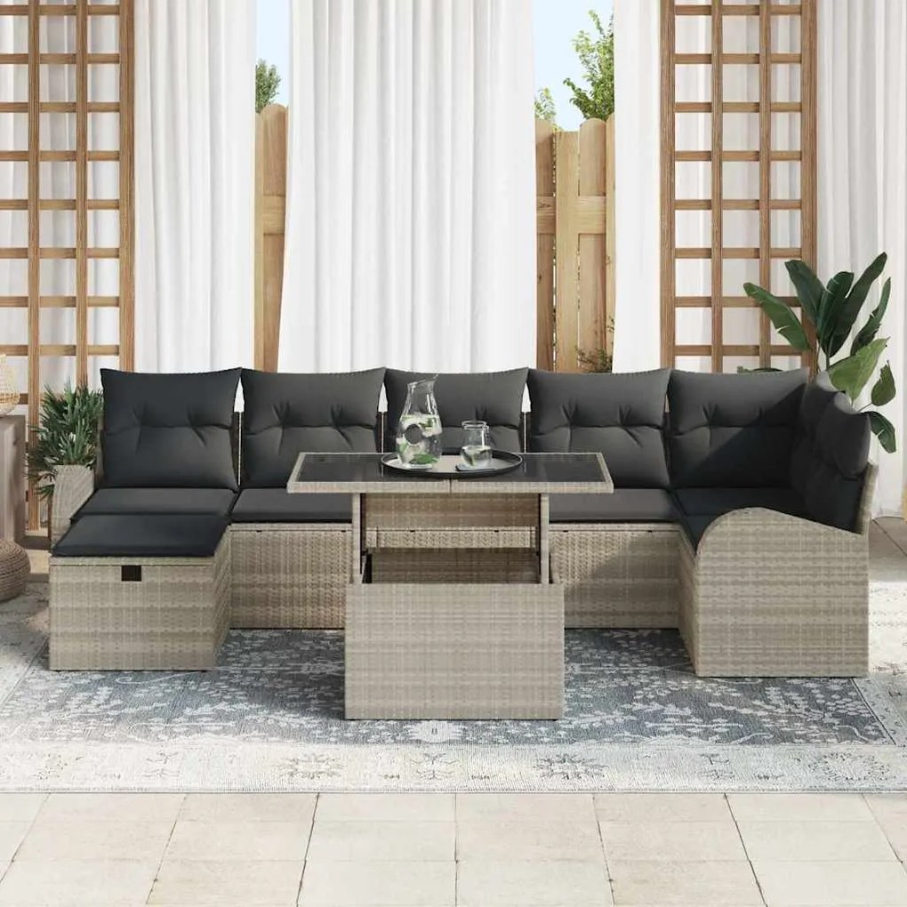vidaXL Σετ Καναπέ Κήπου με μαξιλάρι 8 pcs Ανοιχτό γκρι Πολυ ράταν