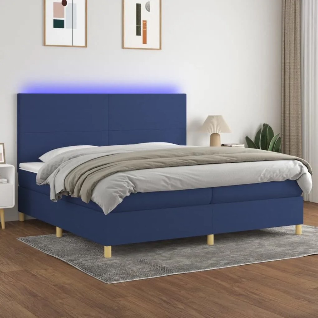 Κρεβάτι Boxspring με Στρώμα &amp; LED Μπλε 200x200 εκ. Υφασμάτινο - Μπλε