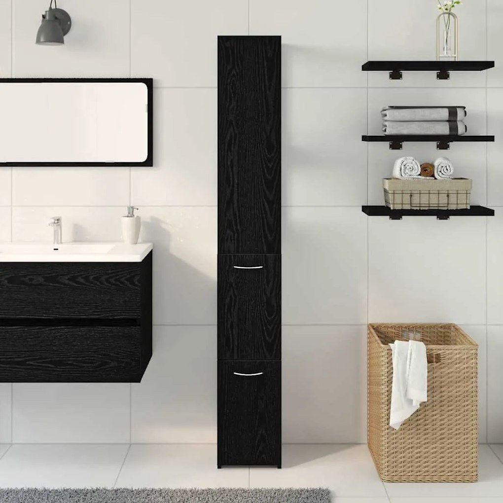 vidaXL Ντουλάπα Μπάνιου με συρτάρι Μαύρη Οξυά 25 x 25 x 170 εκ.