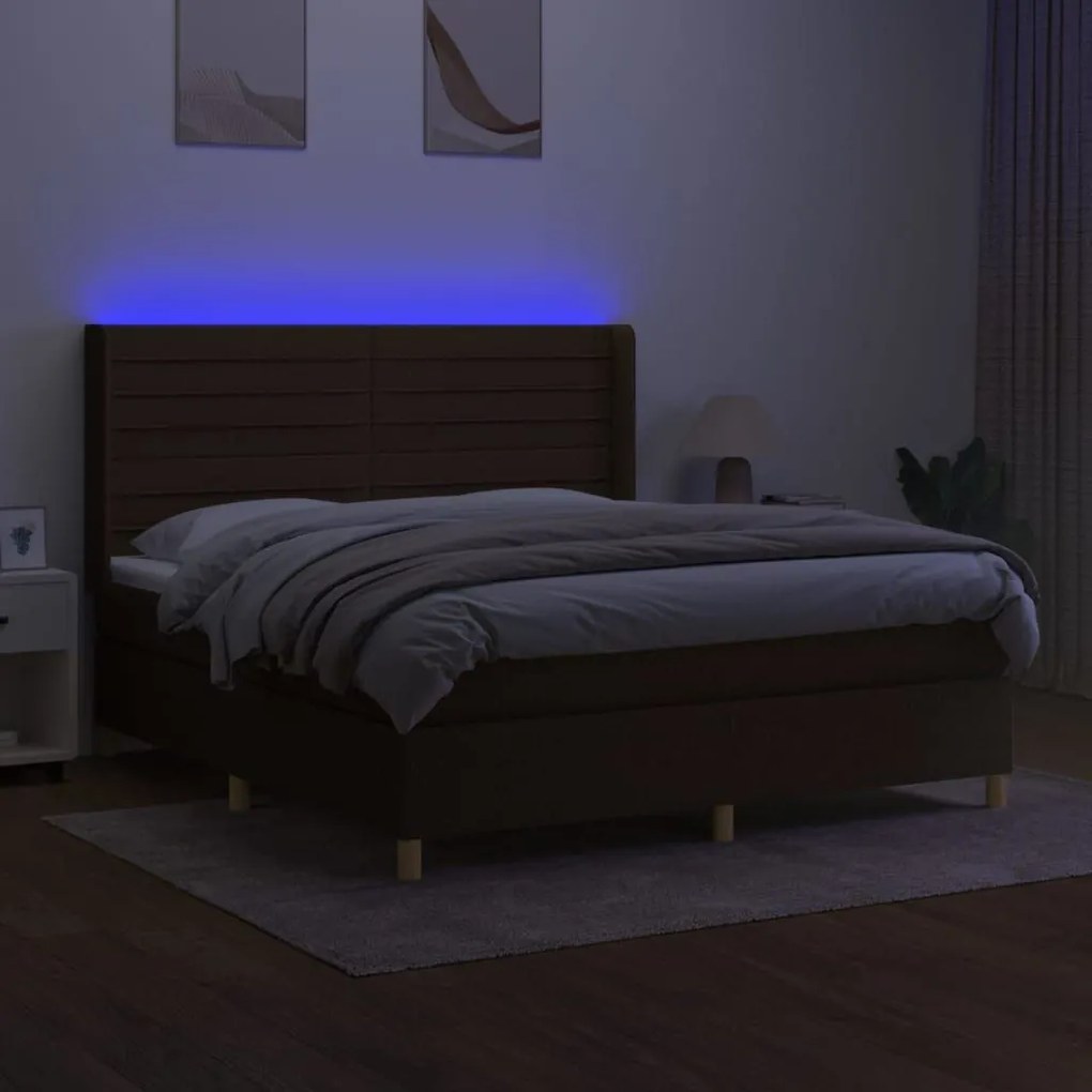 Κρεβάτι Boxspring με Στρώμα &amp; LED Σκ.Καφέ 160x200εκ. Υφασμάτινο - Καφέ