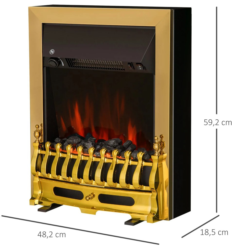 HOMCOM Ηλεκτρικό τζάκι με θέρμανση, ηλεκτρικό τζάκι με εφέ φλόγας LED, 1000/2000W διακοσμητικό τζάκι, ηλεκτρικό τζάκι φωτιάς σόμπα τζακιού, Χρυσό
