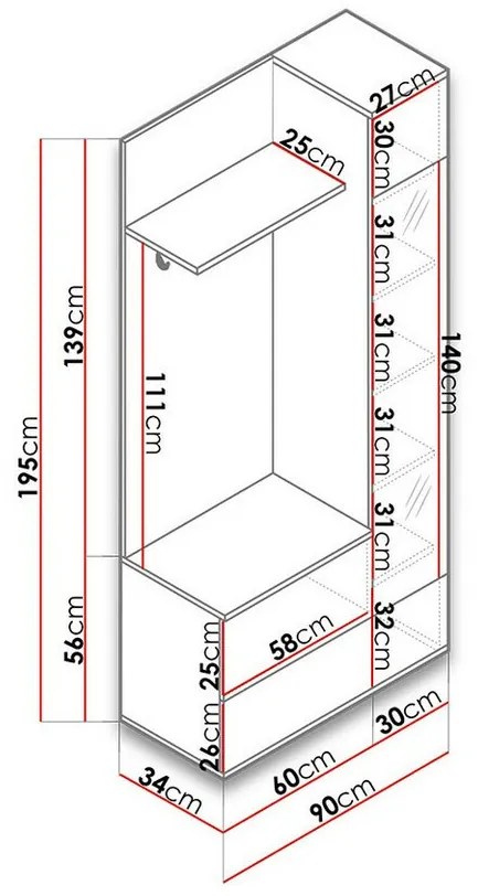 Σετ διαδρόμου Lima 106, 195x90x34cm, 54 kg, Καθρέφτης, Sonoma οξιά, Πλαστικοποιημένη μοριοσανίδα, Εντοιχισμένη | Epipla1.gr