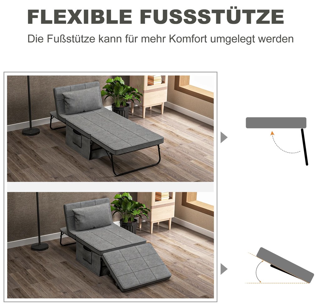 HOMCOM Κρεβάτι-καναπές 4-σε-1, κρεβάτι επισκεπτών, ρυθμιζόμενο ύψος, στρώμα, πλαϊνές τσέπες, μεταλλικό πλαίσιο, γκρι, 188 x 75 x 38 cm