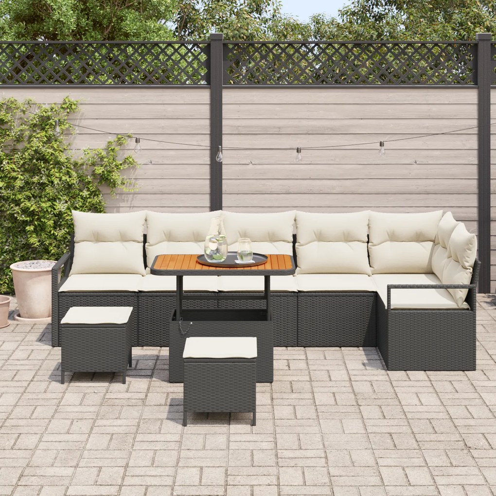 vidaXL 9 Piece Garden Sofa Set with Cushions Black Poly Rattan Acacia
