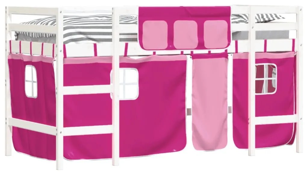 Υπερυψ. Κρεβάτι με Κουρτίνες Ροζ 90 x 200 εκ. Μασίφ Ξύλο Πεύκου - Ροζ