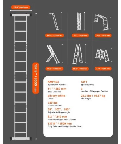 VEVOR Multi-Purpose Folding Ladder 7-in-1 3 Step 12ft Reach Height for Work