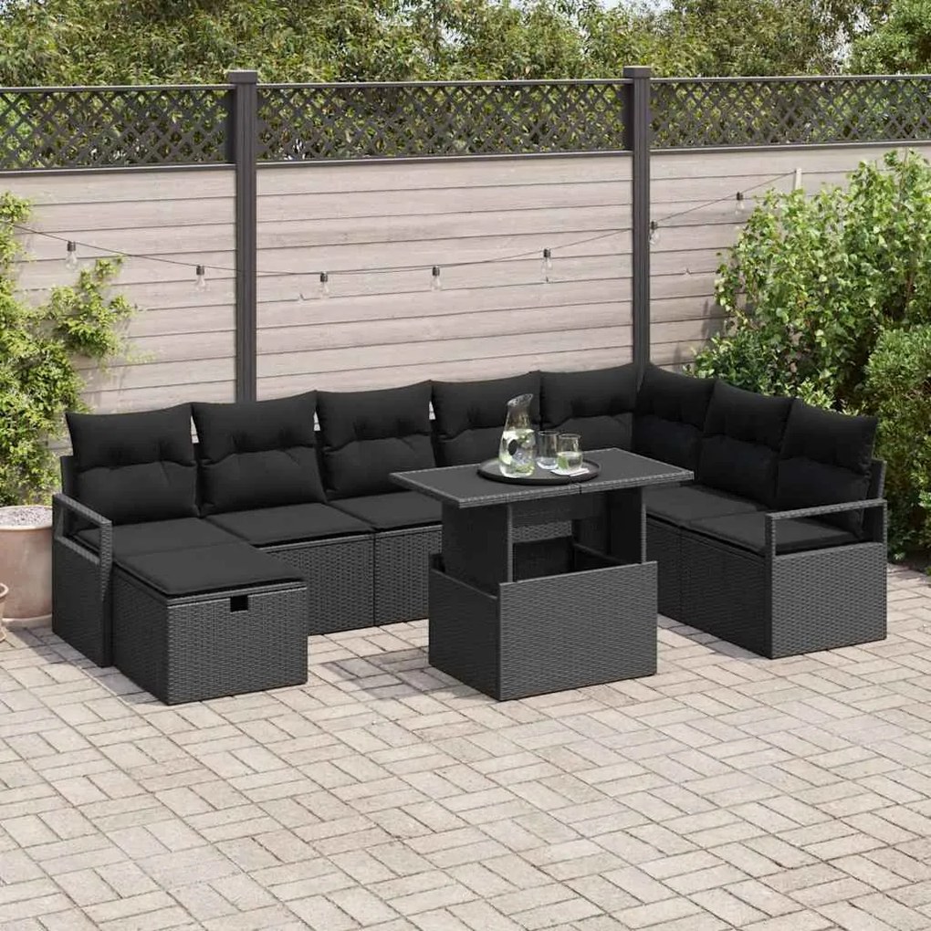 vidaXL Σετ Καναπέ Κήπου με μαξιλάρι 9 pcs Μαύρο Πολυ ράταν