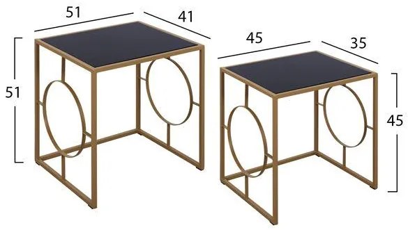 Τραπεζάκια σαλονιού - Ζιγκόν MARSHAL Σετ 2 τεμ Μεταλλικό Χρυσό Σκελετό και Γυαλί Μαύρο 51x41x51 εκ.