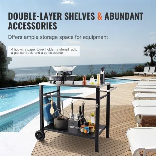VEVOR Outdoor Grill Dining Cart with Double-Shelf, BBQ Movable Food Prep Table, Multifunctional Stainless Steel Table Top, Portable Modular Carts for Pizza Oven, Worktable with 2 Wheels, Carry Handle