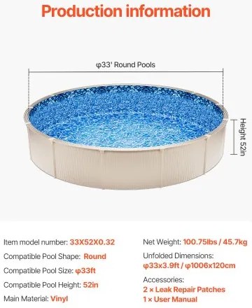 VEVOR Round Pool Liner 33ft Unibead Style Pool Liner 52in Wall Height