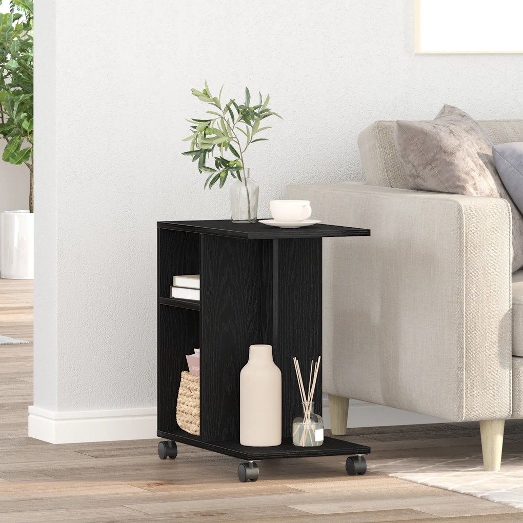 vidaXL Τραπέζι πλευρής με ρόδες, Μαύρο Δρυ, 50x30x55 εκ. από επεξεργασμένο ξύλο