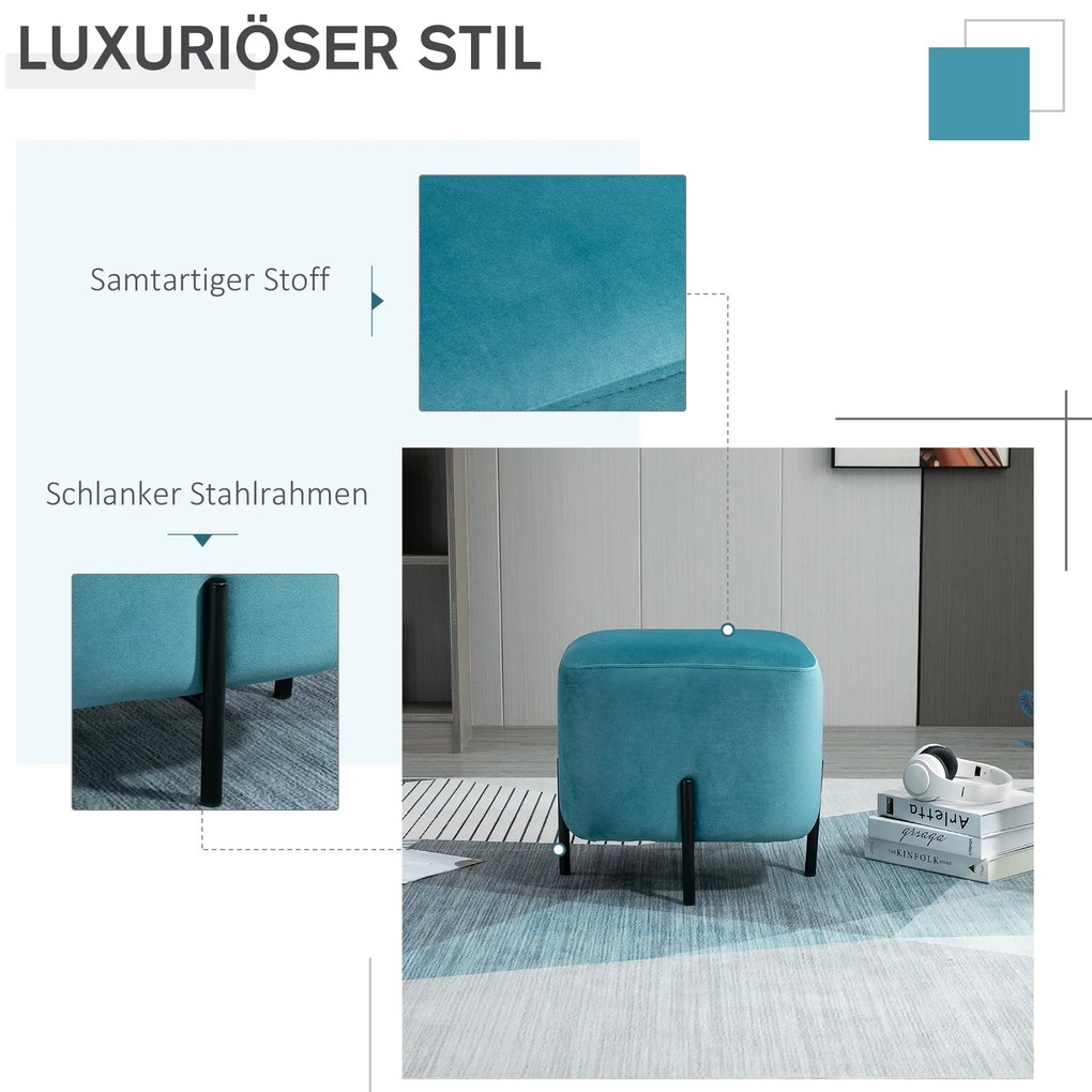 HOMCOM Υποπόδιο υποπόδιο βελούδινο πολυεστέρας ατσάλι αφρός Τυρκουάζ 44,5 x 44,5 x 41,5 cm