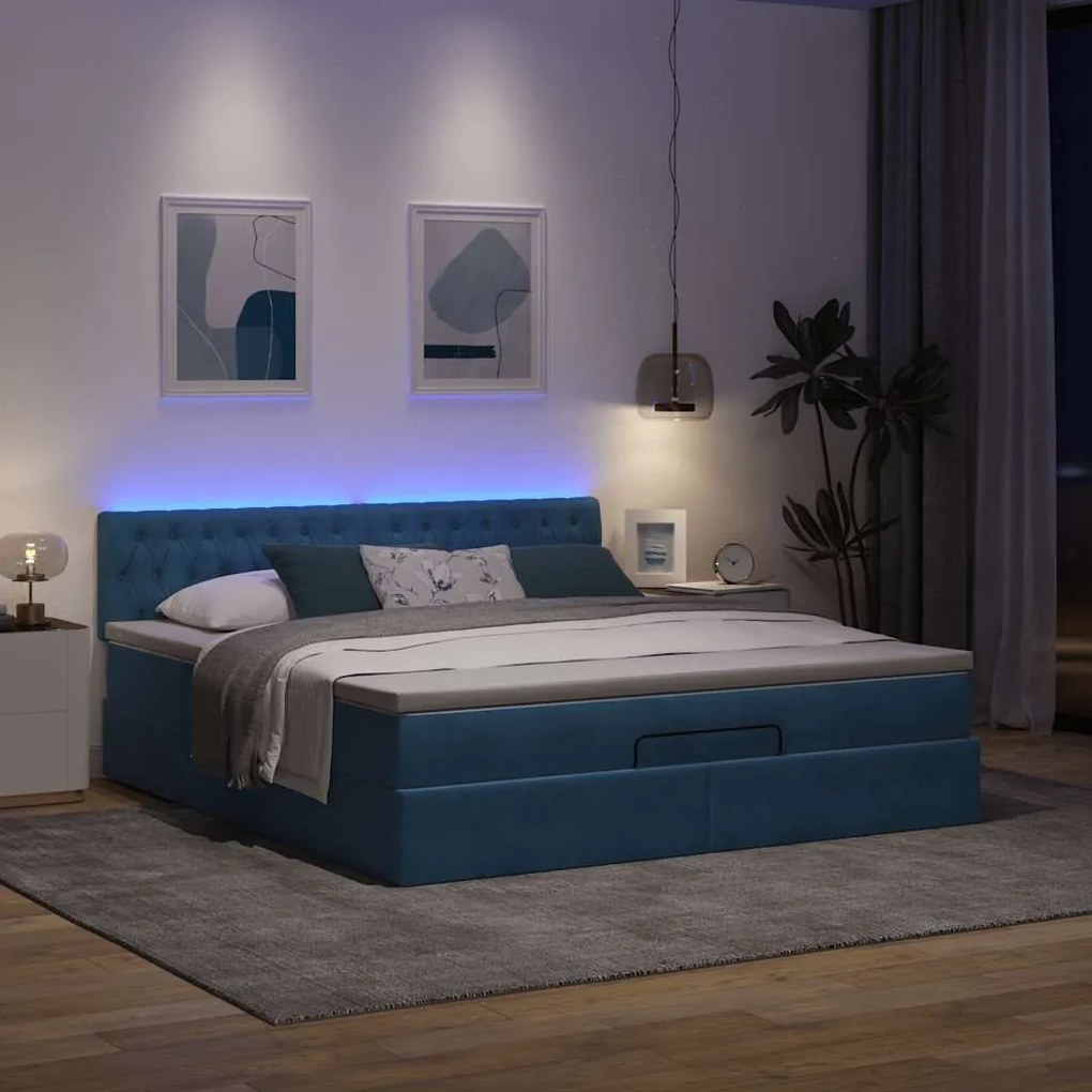 Οθωμανικό κρεβάτι με στρώμα&amp;LEDs Σκούρο μπλε 160x200cm Βελούδο 3312708