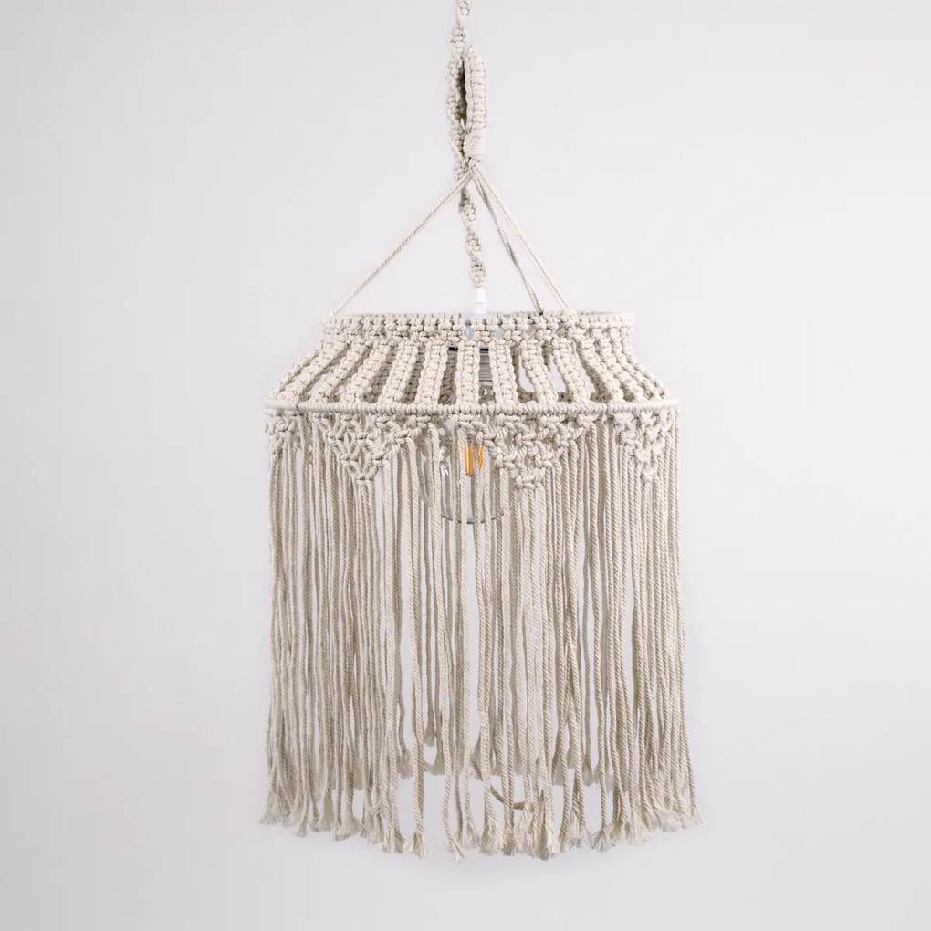 GloboStar ALGERIA 36202 Boho - Μακραμέ - Macrame Κρεμαστό Φωτιστικό Οροφής Μονόφωτο 1 x E27 Πλεκτό Χειροποίητο Μπεζ Υφασμάτινο με Σχοινί Φ40 x Υ50cm - 36202