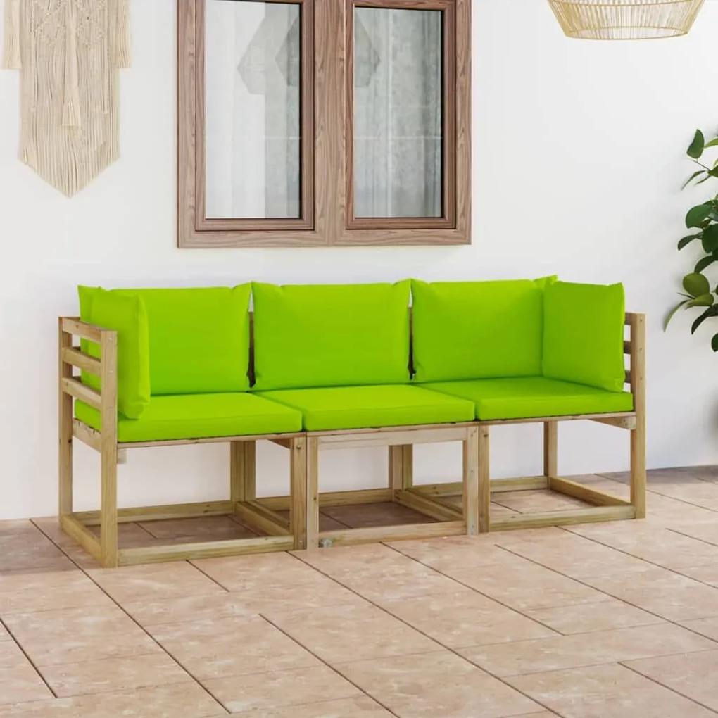 Καναπές Κήπου Τριθέσιος με Φωτεινά Πράσινα Μαξιλάρια - Πράσινο