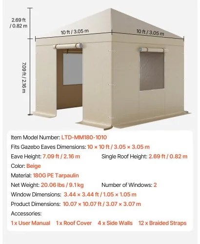 VEVOR Winter Gazebo Cover Fits 3.05 x 3.05 m Hardtop Gazebos, All-Weather Gazebo Cover with Sidewalls &amp; Windows, High-Density PE Material, Enclosed Storage Shelter Covers, Gazebos not Included