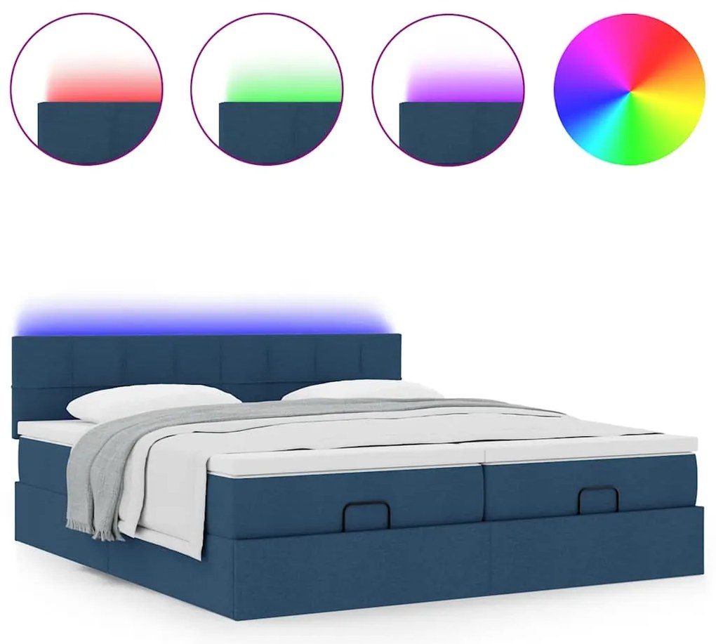 vidaXL Οθωμανικό κρεβάτι με στρώματα & LEDs Μπλε 180x200cm ύφασμα