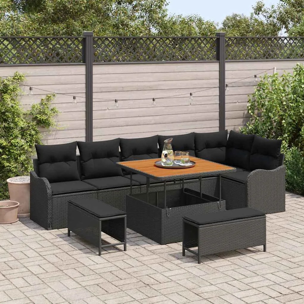 vidaXL Σετ Καναπέ Κήπου Ρυθμιζόμενο ύψος 9 pcs Μαύρο συνθετικό ρατάν