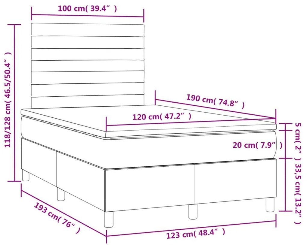 Κρεβάτι Boxspring με Στρώμα &amp; LED Αν.Γκρι 120x190εκ. Βελούδινο - Γκρι