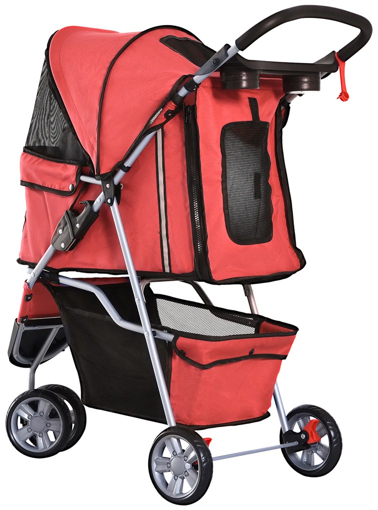 PawHut Καρότσι Σκύλου Σκύλου έως 10 kg Πτυσσόμενο Καλάθι Δαπέδου 2 Βάσεις Ποτηριών Ρυθμιζόμενη Τέντα Κόκκινο