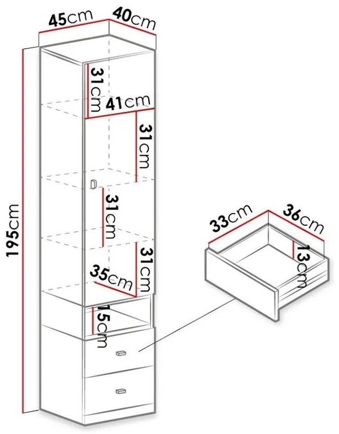 Βιβλιοθήκη Omaha E102, Με συρτάρια, Με πόρτες, Κλειστό, Πλαστικοποιημένη μοριοσανίδα, Ο αριθμός των θυρών: 1, Αριθμός συρταριών: 2, 195x45x40cm