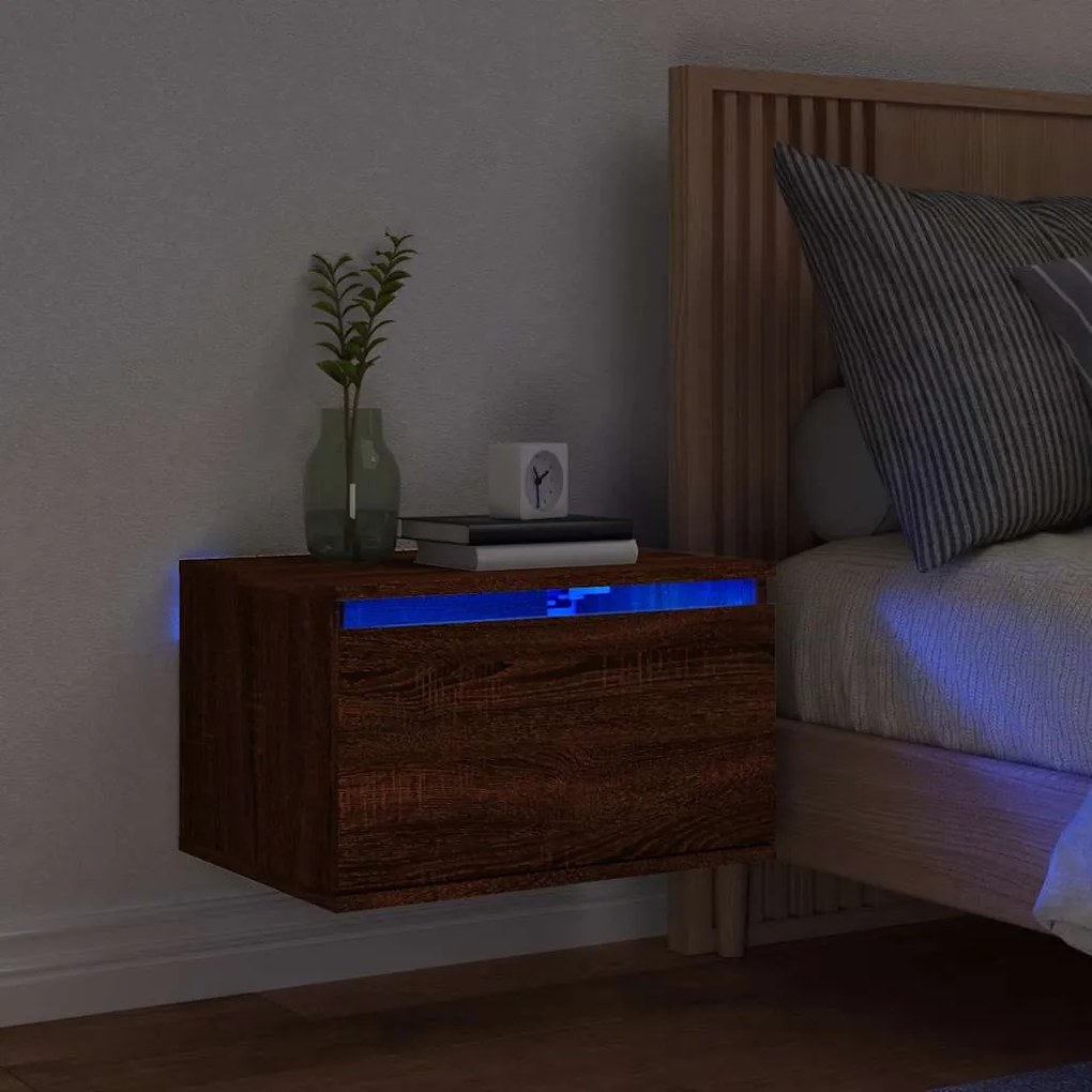 vidaXL Κομοδίνο Επιτοίχιο με Φώτα LED Καφέ Δρυς