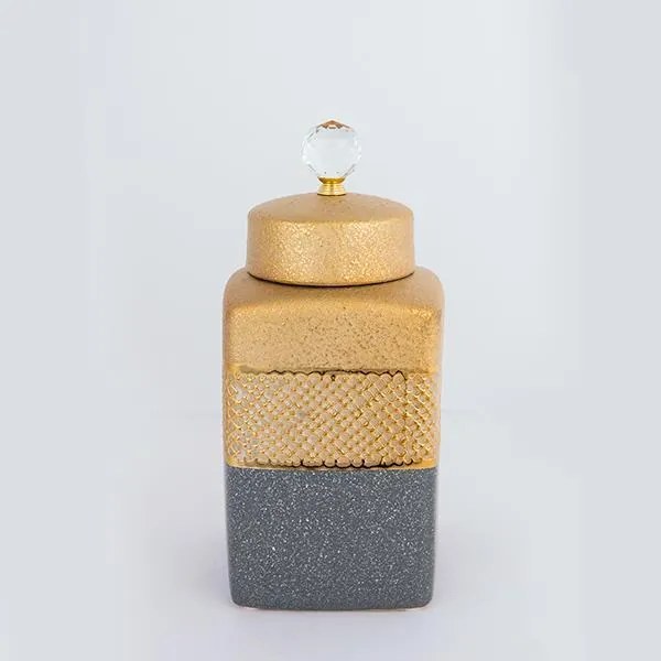 ΒΑΖO ΜΕ ΚΑΠΑΚΙ ΚΕΡΑΜΙΚΟ ΓΚΡΙ - ΧΡΥΣΟ 14.5x14.5x30cm|752-20332