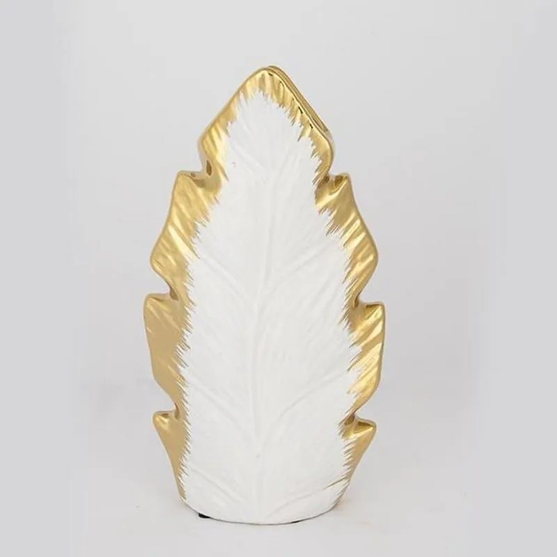 Βάζο Κεραμικό Σε Σχήμα Φύλλου 752-20089 15.5x6.5x30cm White-Gold Estheti Home Κεραμικό