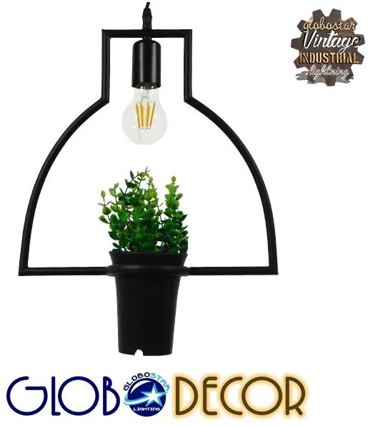 GloboStar® FLOWERPOT 10001209 Μοντέρνο Κρεμαστό Φωτιστικό Οροφής Μονόφωτο 1 x E27 Μαύρο Μεταλλικό με Διακοσμητικό Φυτό Φ34 x Y34cm