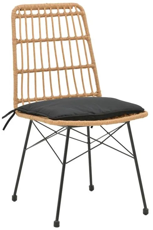Καρέκλα Naoki rattan σε φυσική απόχρωση με μαύρο μαξιλάρι και μεταλλικό μαύρο πόδι 45x60x83εκ 45.5x59.5x89 εκ.