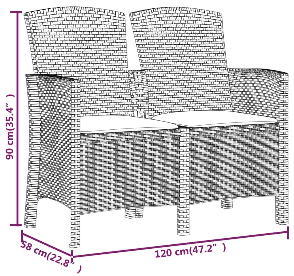 vidaXL Παγκάκι Κήπου Διθέσιο με Μαξιλάρια Γραφίτης Ρατάν Πολυπρ/λενίου