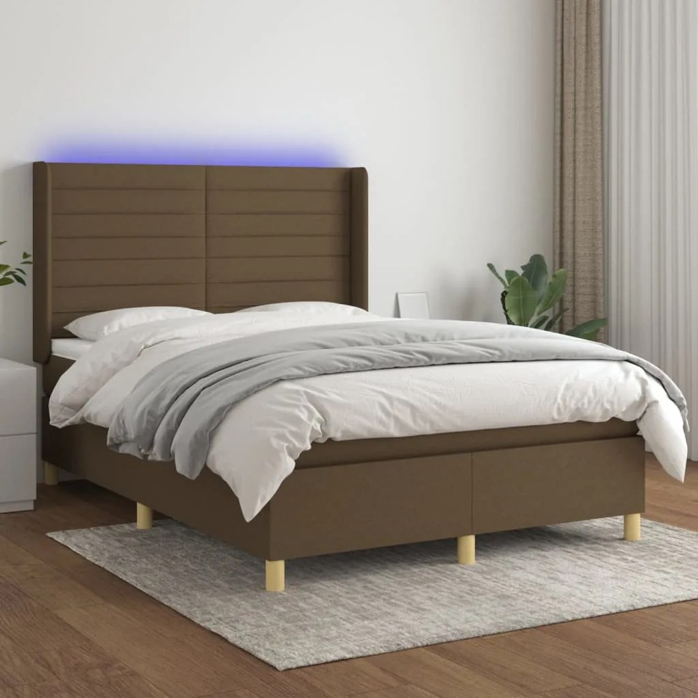 Κρεβάτι Boxspring με Στρώμα &amp; LED Σκ.Καφέ 140x200 εκ Υφασμάτινο - Καφέ