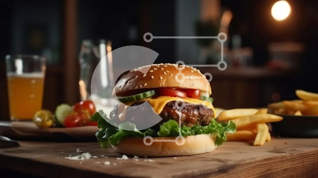 Intra Συλλεκτικό Ξύλινο Παζλ Plywood  4mm - Νόστιμο Cheeseburger και πατάτες με εκπληκτική θέα στην πόλη Σε Ξύλινο Κουτί - Διαστάσεις: 10x10 cm – 25 κομμάτια