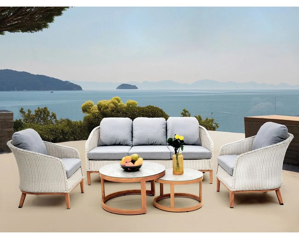 IBIZA Set Σαλόνι Κήπου: 3θέσιο +2 Πολυθρόνες+2 Τραπεζάκια ALU Φυσικό-Wicker Άσπρο-Μαξιλ.Γκρι 182x78x79-66x78x79-Φ80-Φ60cm