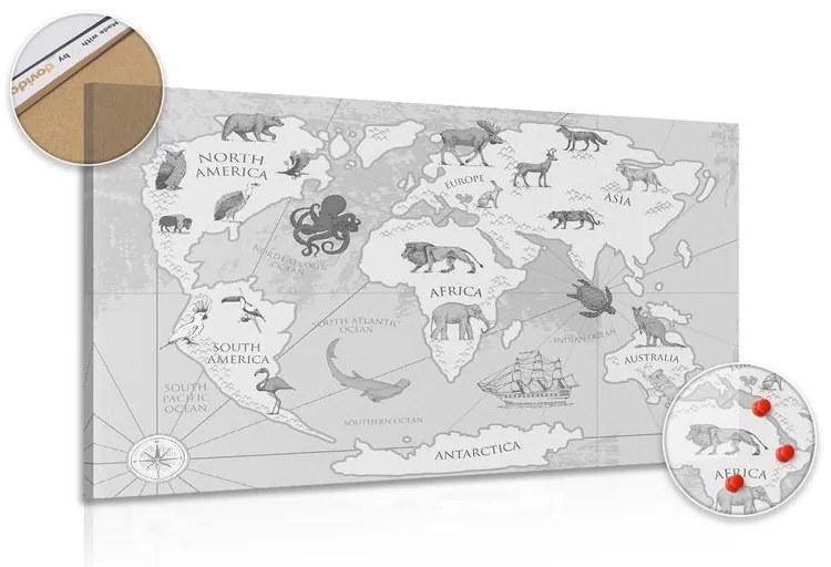 Εικόνα σε φελλό ενός ασπρόμαυρου παγκόσμιου χάρτη με ζώα - 120x80  flags