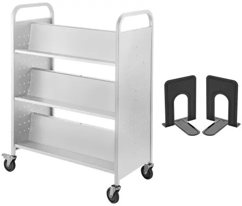 VEVOR Book Cart, 200lbs Library Cart, 35x19x49 Inch Rolling Book Cart Double Sided W-Shaped Sloped Shelves with 4-Inch Lockable Wheels, for Home Shelves Office and School Book Truck in White