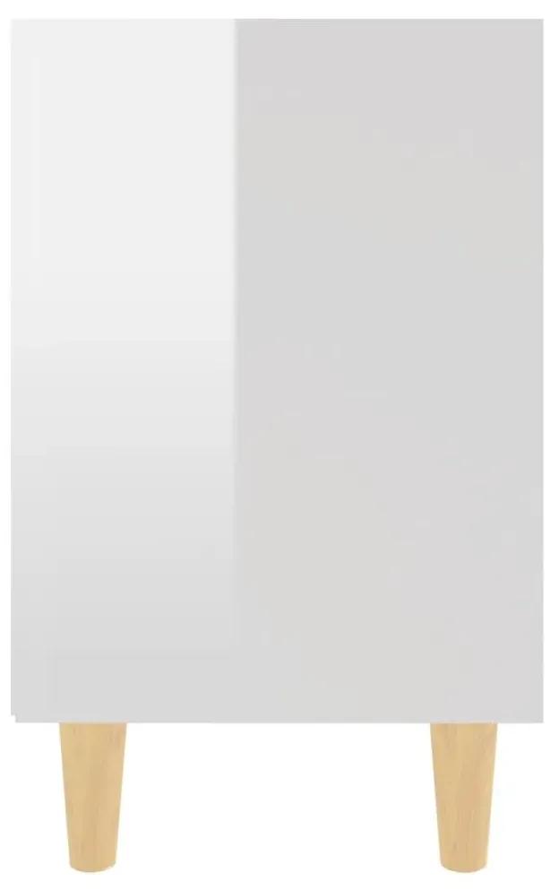Κομοδίνο Γυαλιστερό Λευκό 40x30x50 εκ. με Μασίφ Ξύλινα Πόδια - Λευκό