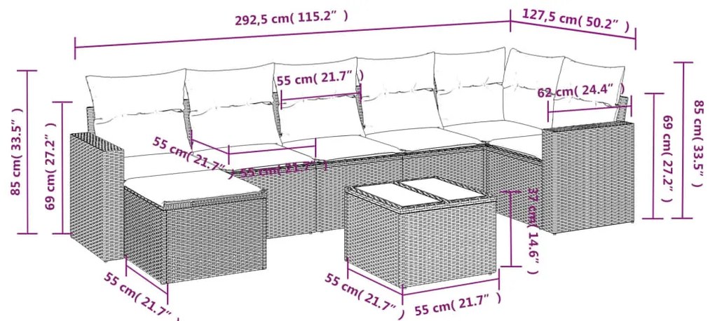 vidaXL Σαλόνι Κήπου Σετ 8 Τεμαχίων Καφέ Συνθετικό Ρατάν με Μαξιλάρια