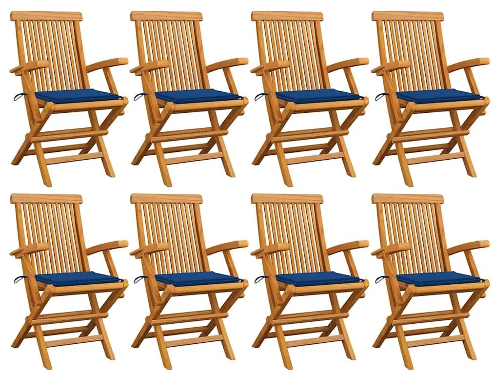 vidaXL Καρέκλες Κήπου 8 τεμ από Μασίφ Ξύλο Teak με Μπλε Ρουά Μαξιλάρια