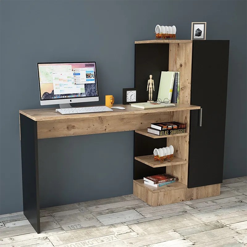 Γραφείο-ραφιέρα Kary pakoworld μαύρο-oak 152,5x40x120εκ - 176-000019 - 176-000019